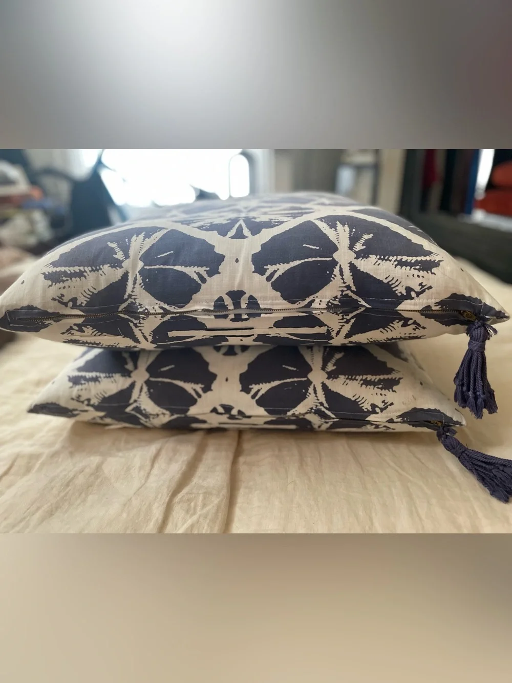 Pair of Decorative Boho Pillows - Indigo & White Shibori Tie-Dye Style NWOT